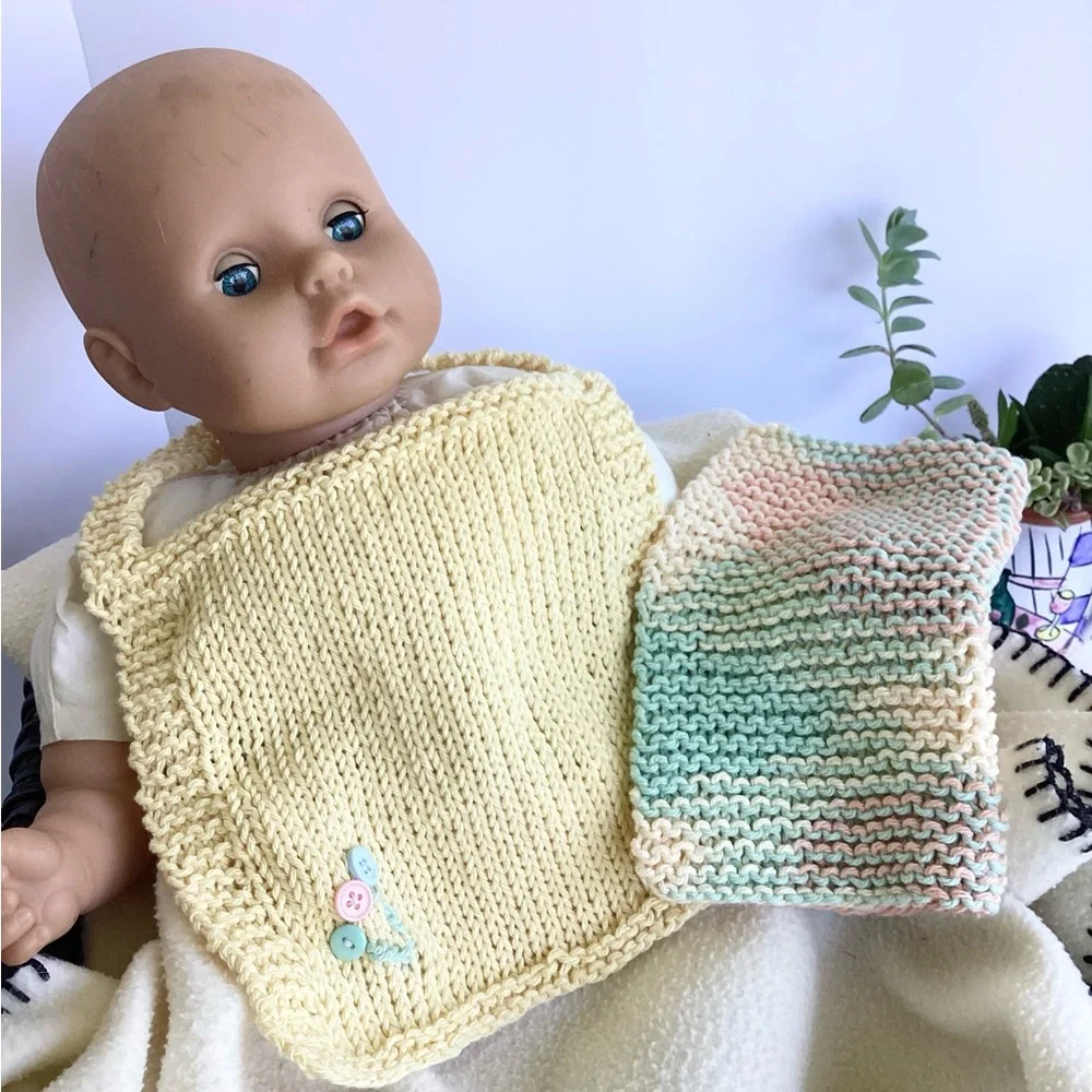 Baby Bib Set Hand Crafted Washcloth Cotton Yellow Green Unisex Floral Knit